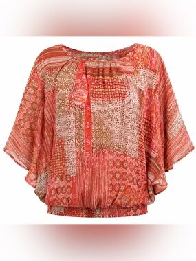 Sara Michelle 2X Coral Boho Patchwork Chiffon Blouse Batwing Sleeve Overlay Top